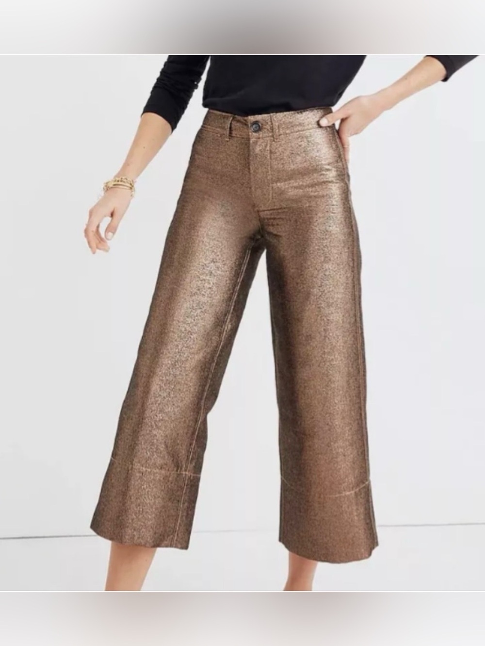 NEW Madewell Slim Emmett Wide-Leg Crop Pants in Metallic Size 30 Rose Gold